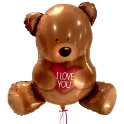Balon figurka Miś z sercem Walentynki. Balon ma wymiary 65 x 89 cm