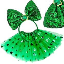 Zestaw koniczynka Zielona spódniczka tutu opaska kokarda cekiny