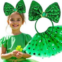 Zestaw koniczynka Zielona spódniczka tutu opaska kokarda cekiny