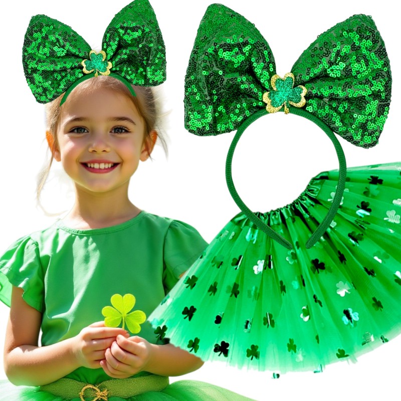 Zestaw koniczynka Zielona spódniczka tutu opaska kokarda cekiny