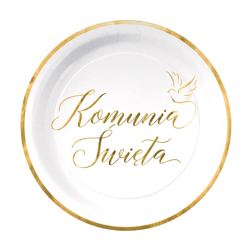 Talerzyki papierowe Komunia Święta biało-złote 18cm cali 6 szt