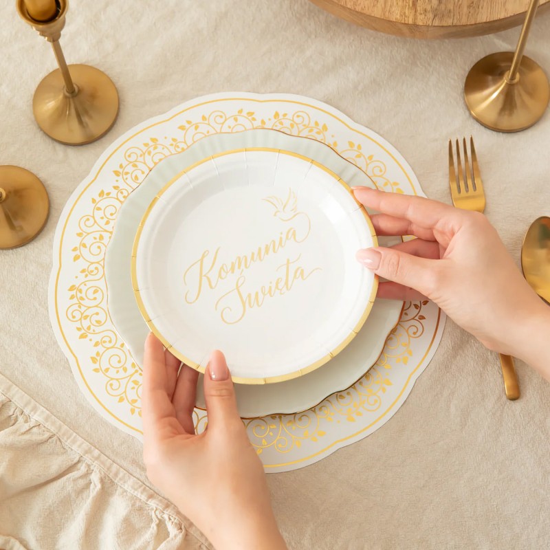 Talerzyki papierowe Komunia Święta biało-złote 18cm cali 6 szt
