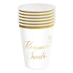 Kubeczki papierowe Komunia Święta biało-złoty 220 ml 6 szt