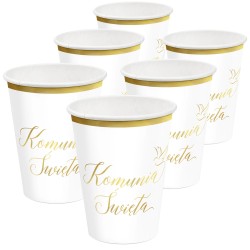 Kubeczki papierowe Komunia Święta biało-złoty 220 ml 6 szt