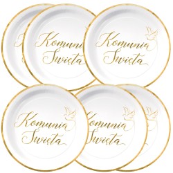 Talerzyki papierowe Komunia Święta biało-złote 18cm cali 6 szt