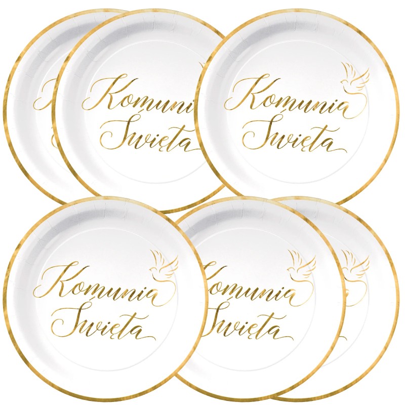 Talerzyki papierowe Komunia Święta biało-złote 18cm cali 6 szt