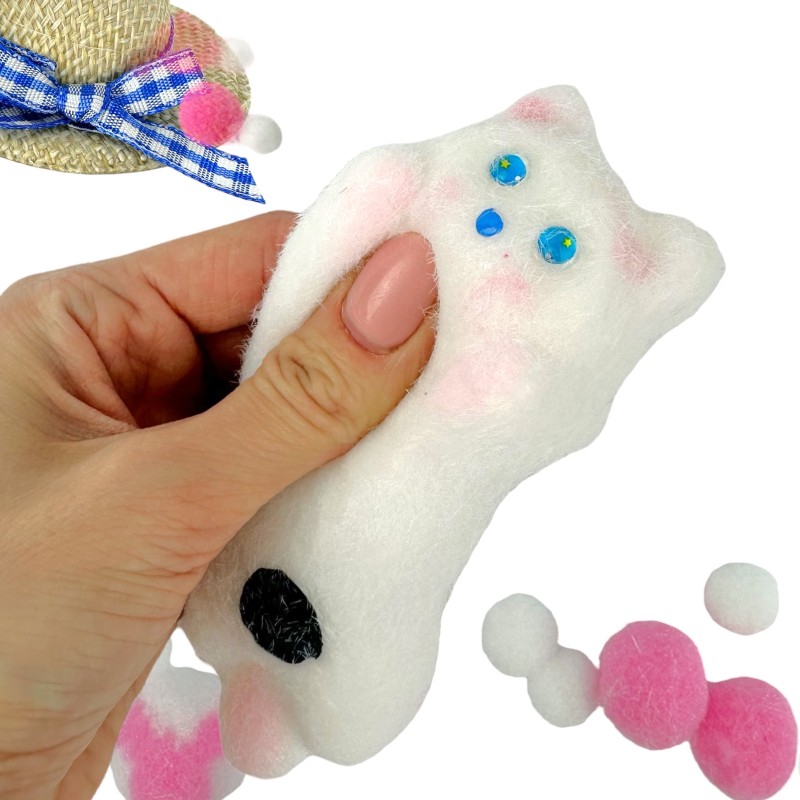 Gniotek Kotek z Kapeluszem lub Pomponikami Mochi z włoskami