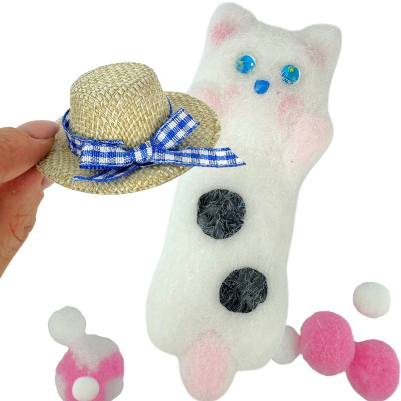 Gniotek Kotek z Kapeluszem lub Pomponikami Mochi z włoskami