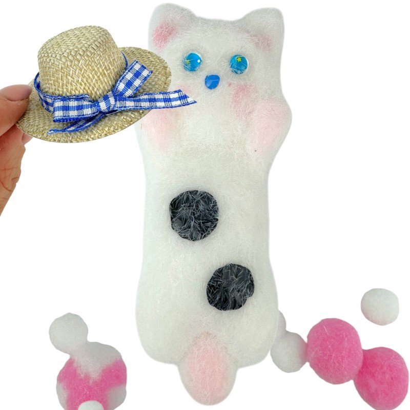 Gniotek Kotek z Kapeluszem lub Pomponikami Mochi z włoskami