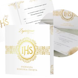 IHS Zaproszenie na komunię biało-złote Pierwsza Komunia Święta