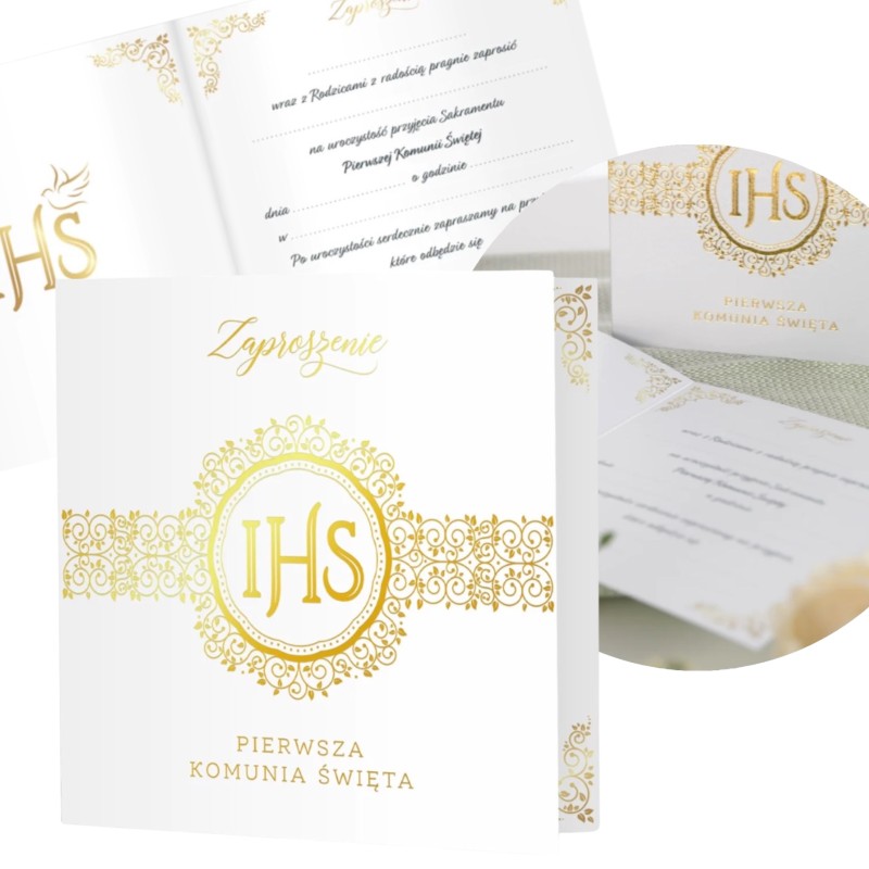 IHS Zaproszenie na komunię biało-złote Pierwsza Komunia Święta