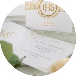 IHS Zaproszenie na komunię biało-złote Pierwsza Komunia Święta