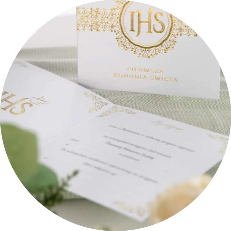 IHS Zaproszenie na komunię biało-złote Pierwsza Komunia Święta