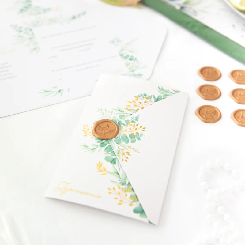 Zaproszenie Komunia Święta Eukaliptus z pieczęcią lakową 6 szt.