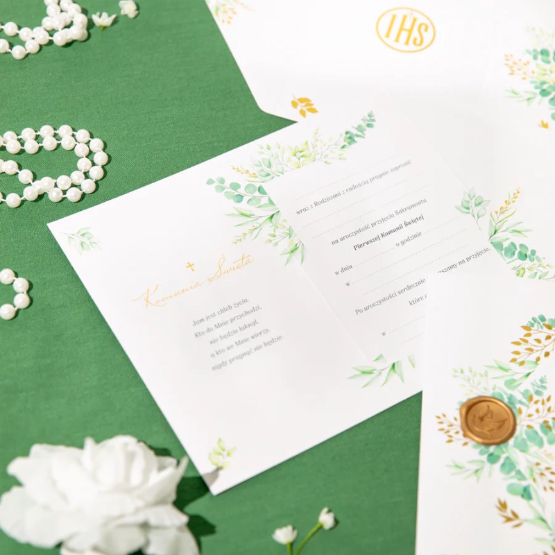 Zaproszenie Komunia Święta Eukaliptus z pieczęcią lakową 6 szt.