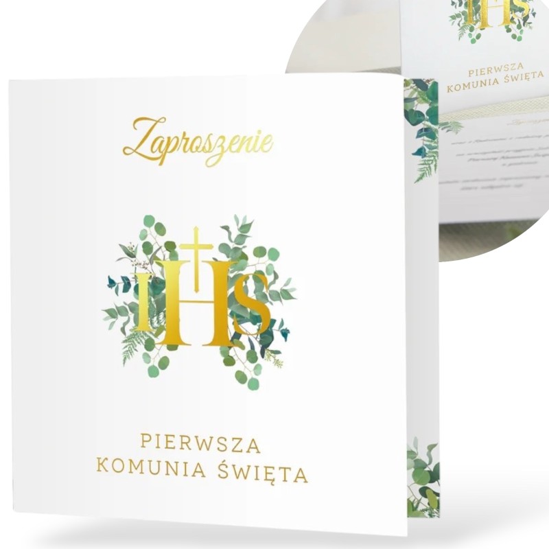 Zaproszenie na komunię Eukaliptus 10szt + koperty
