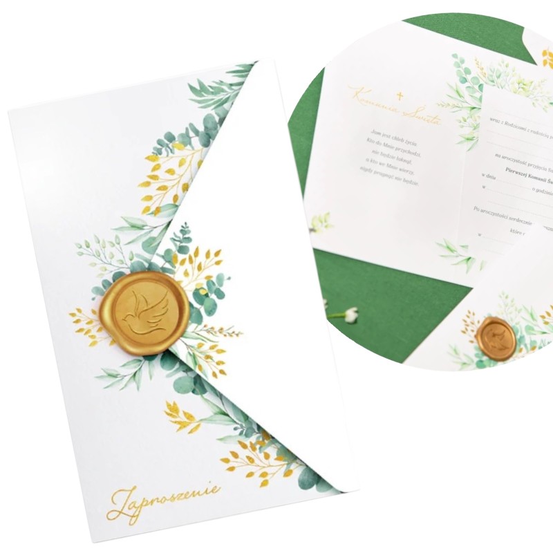 Zaproszenie Komunia Święta Eukaliptus z pieczęcią lakową 6 szt.