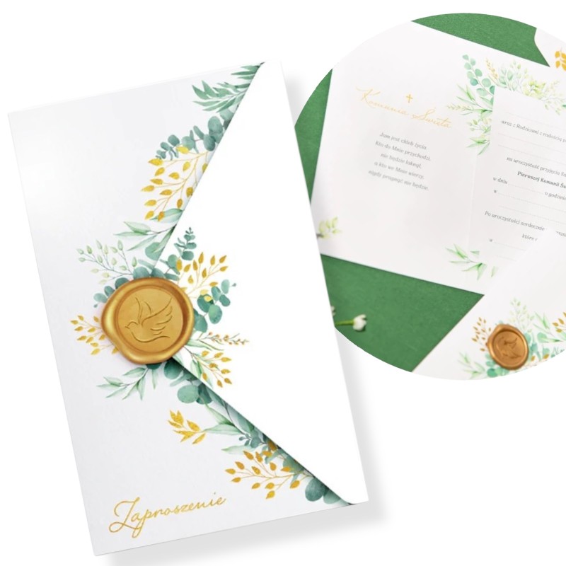 Zaproszenie Komunia Święta Eukaliptus z pieczęcią lakową 6 szt.