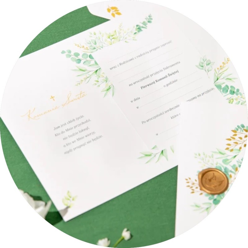 Zaproszenie Komunia Święta Eukaliptus z pieczęcią lakową 6 szt.