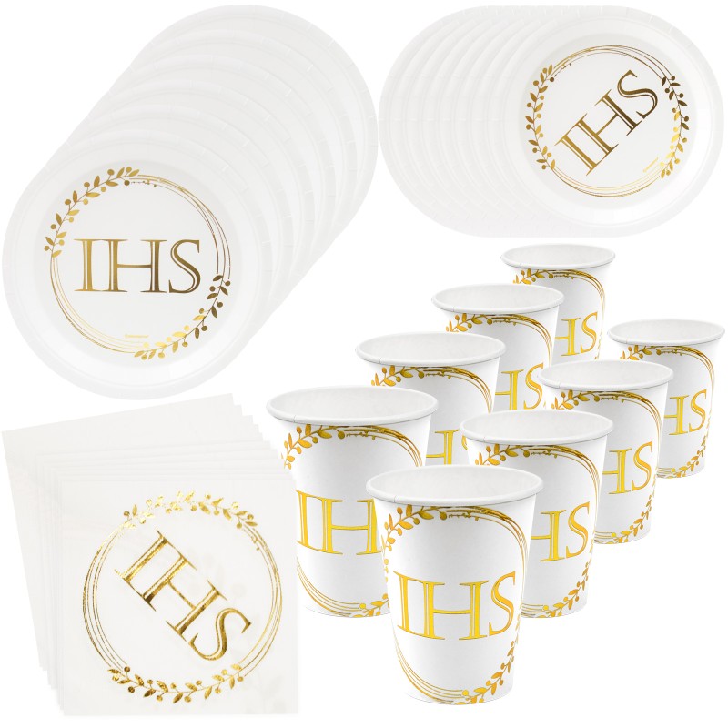 Zestaw Naczyń Papierowych Złoty napis IHS Komunia Święta