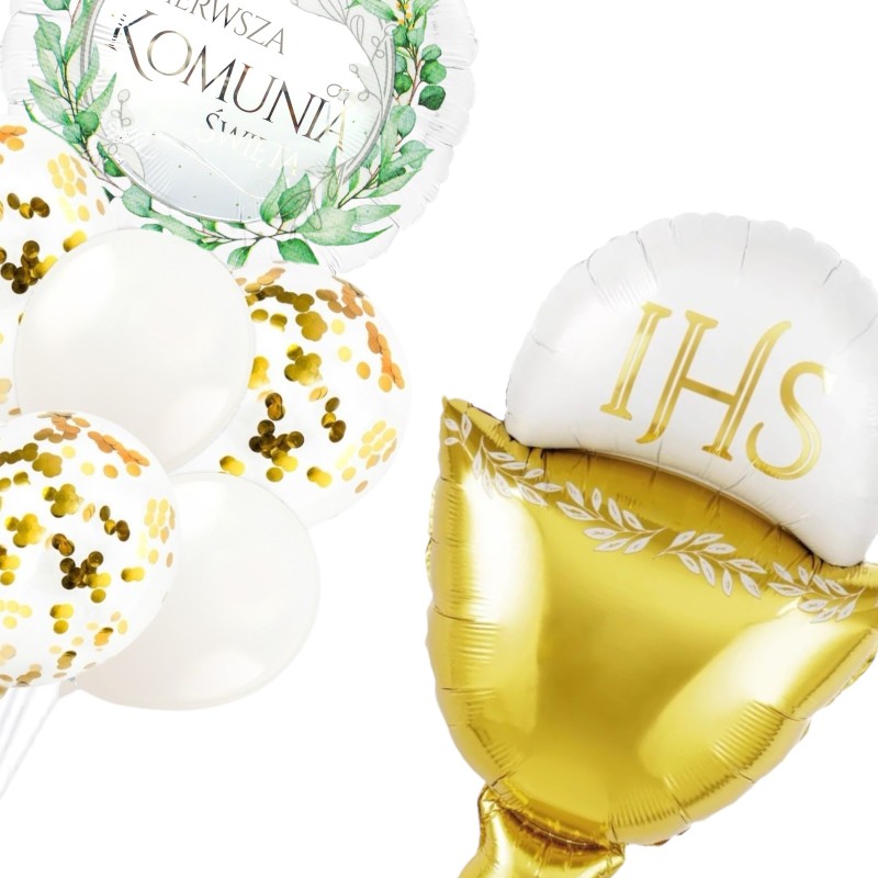 Zestaw Balonów Komunijnych Złoto-Biały IHS Kielich