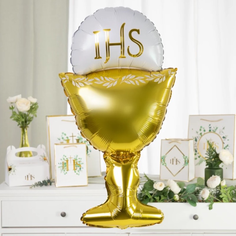 Zestaw Balonów Komunijnych Złoto-Biały IHS Kielich