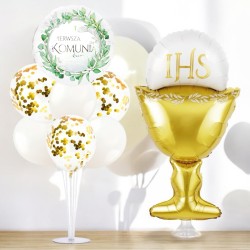 Zestaw Balonów Komunijnych Złoto-Biały IHS Kielich