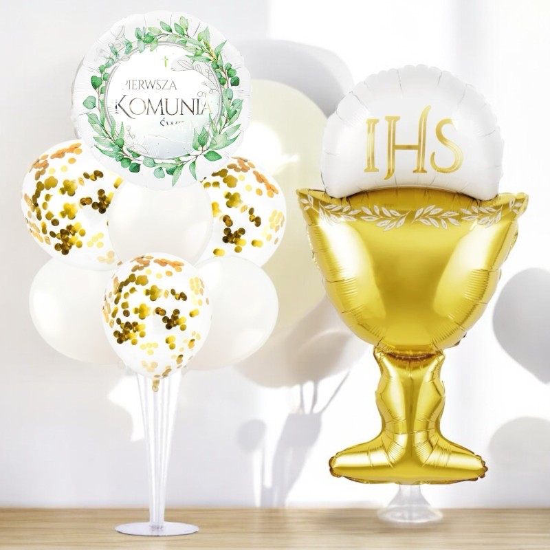 Zestaw Balonów Komunijnych Złoto-Biały IHS Kielich