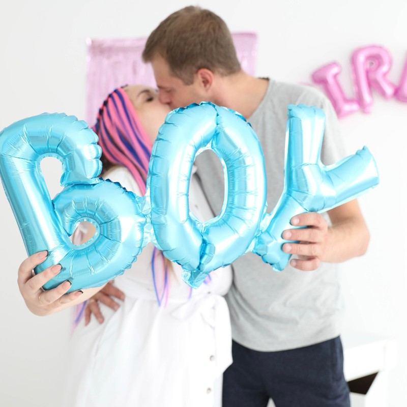 Niebieski Balon foliowy Napis BOY 37x94cm dekoracja na baby shower