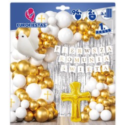 Girlanda balonowa Pierwsza Komunia Święta złoto biel srebrna kurtyna 94 szt.