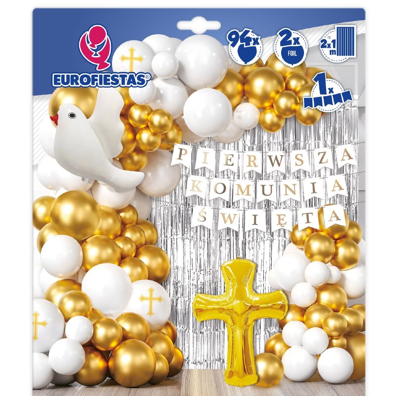 Girlanda balonowa Pierwsza Komunia Święta złoto biel srebrna kurtyna 94 szt.