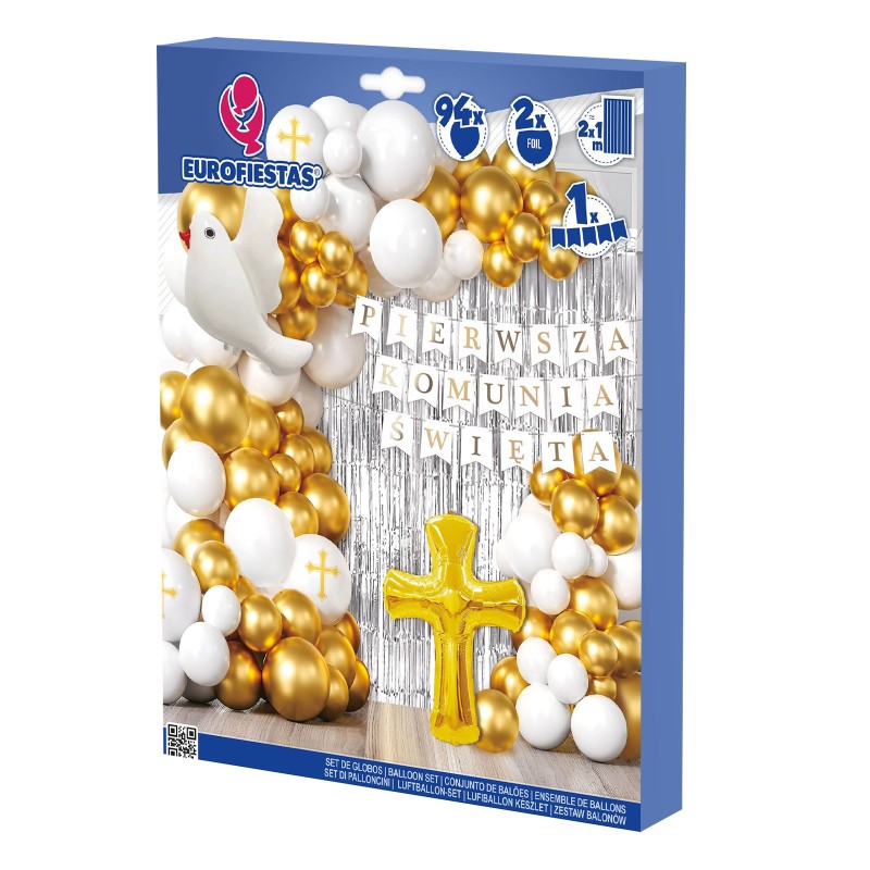 Girlanda balonowa Pierwsza Komunia Święta złoto biel srebrna kurtyna 94 szt.