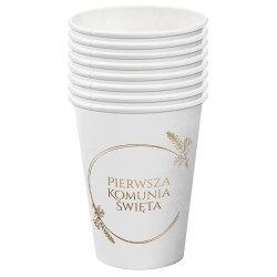 Papierowe kubki Pierwsza Komunia Święta – biało-złote 8 szt 250 ml