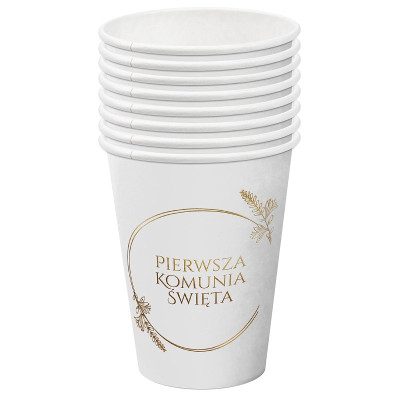 Papierowe kubki Pierwsza Komunia Święta – biało-złote 8 szt 250 ml