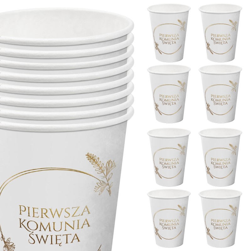 Papierowe kubki Pierwsza Komunia Święta – biało-złote 8 szt 250 ml
