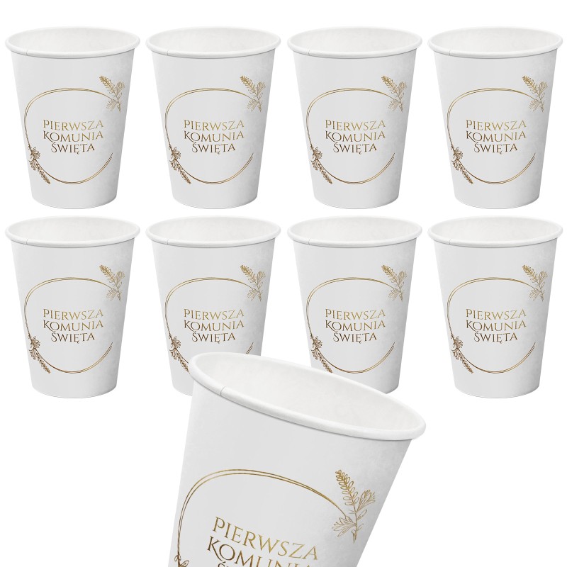 Papierowe kubki Pierwsza Komunia Święta – biało-złote 8 szt 250 ml