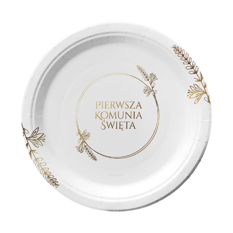 Papierowe talerzyki napis Pierwsza Komunia Święta biało-złote 18 cm 8 szt.