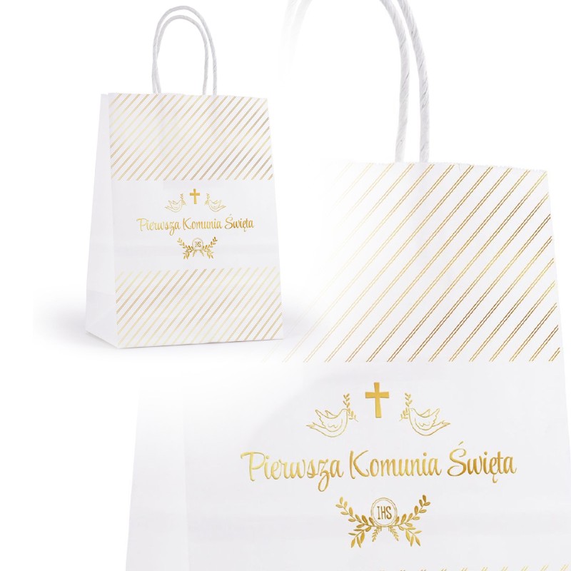 Papierowa torebka Pierwsza Komunia Święta 21x14,5cm biała ze złotym nadrukiem