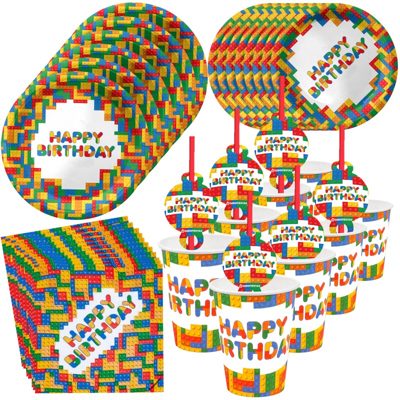 Zestaw urodzinowy Happy Birthday Klocki – talerzyki, kubeczki, słomki, serwetki