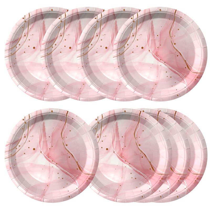 Zestaw dekoracji stołu Różowy Marmur – talerzyki, kubeczki, serwetki