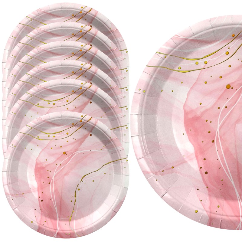 Zestaw dekoracji stołu Różowy Marmur – talerzyki, kubeczki, serwetki