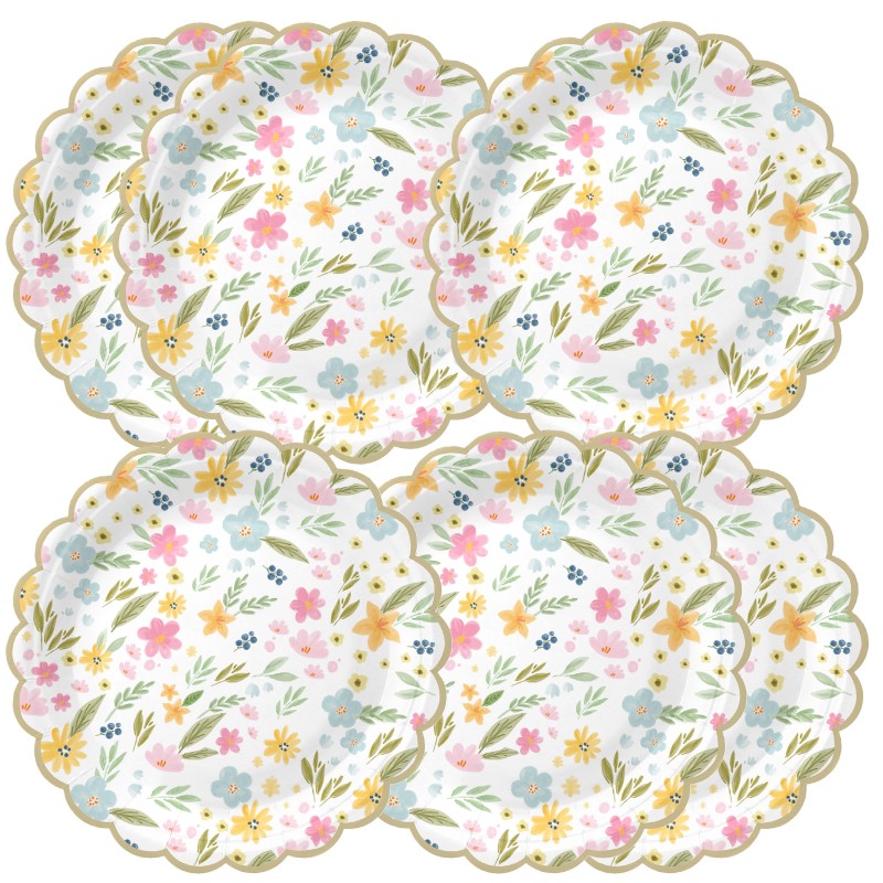 Talerzyk papierowy Pastelowe Polne Kwiaty złote brzegi 18cm 6szt.