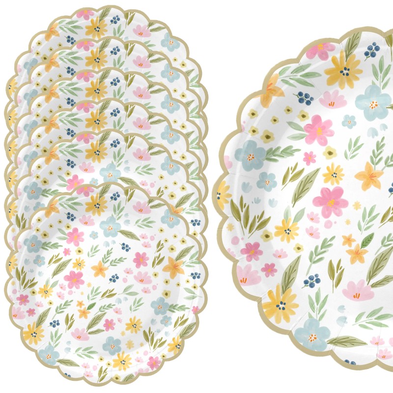 Talerzyk papierowy Pastelowe Polne Kwiaty złote brzegi 18cm 6szt.