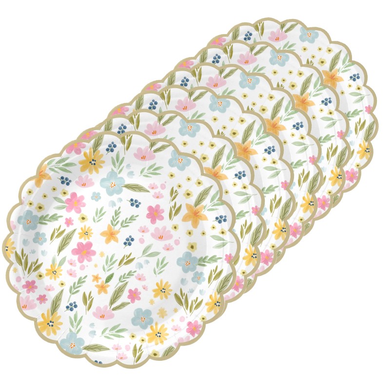 Talerzyk papierowy Pastelowe Polne Kwiaty złote brzegi 18cm 6szt.