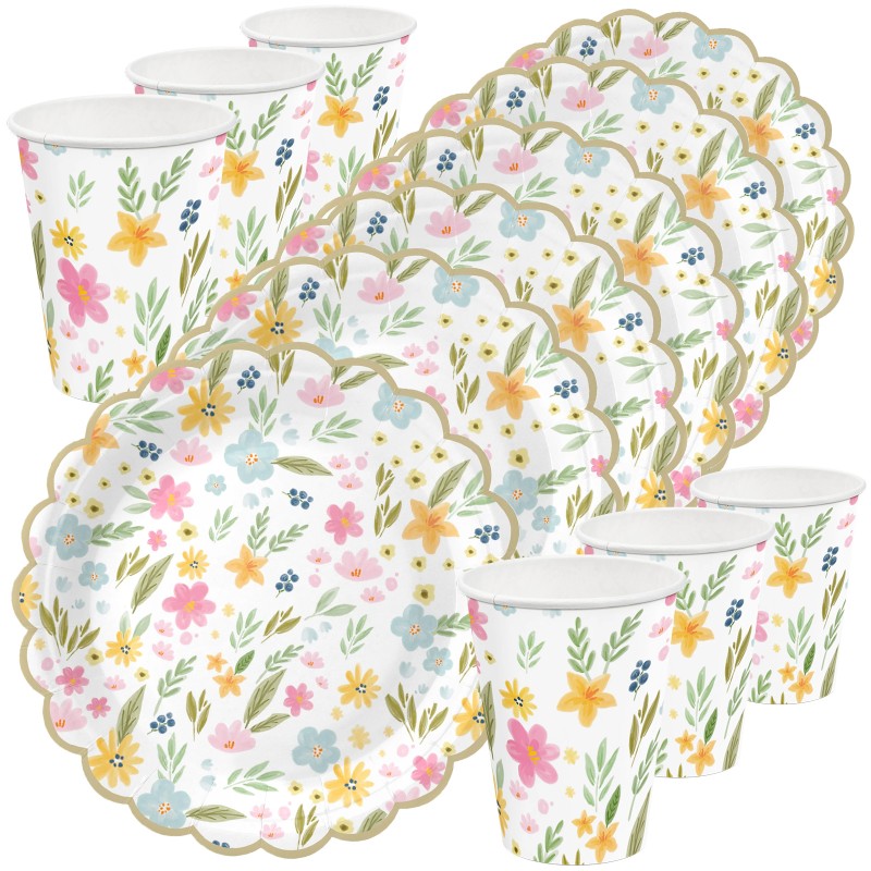 Zestaw Talerzyki Kubeczki papierowe Pastelowe Polne Kwiaty