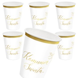 Zestaw Talerzyki Kubeczki papierowe biało-złote Komunia Święta