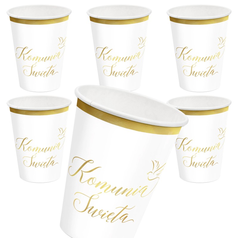 Zestaw Talerzyki Kubeczki papierowe biało-złote Komunia Święta