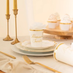 Zestaw Talerzyki Kubeczki papierowe biało-złote Komunia Święta