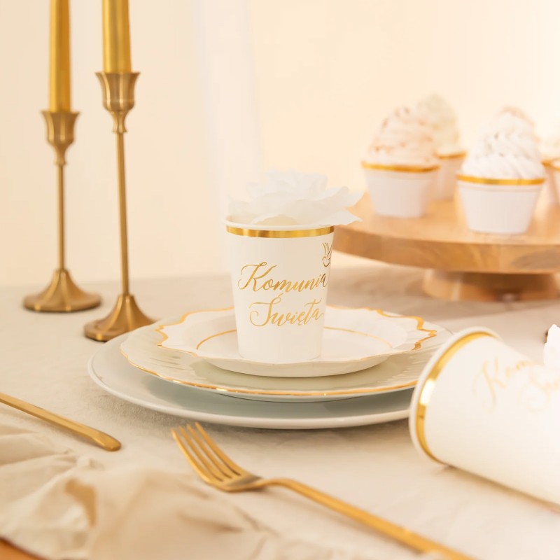Zestaw Talerzyki Kubeczki papierowe biało-złote Komunia Święta
