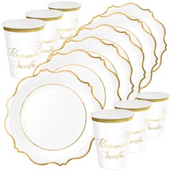 Zestaw Talerzyki Kubeczki papierowe biało-złote Komunia Święta